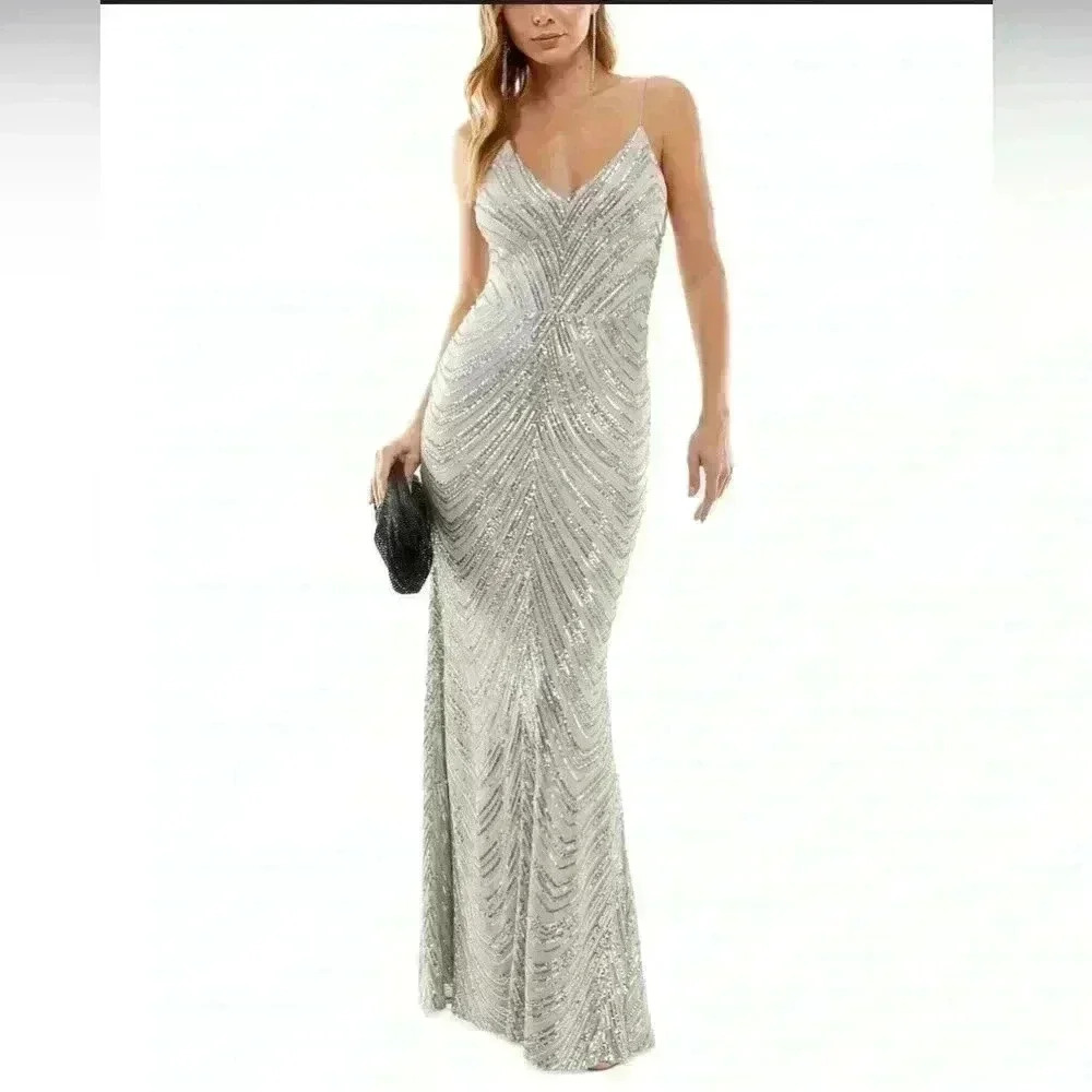 B Darlin Juniors Silver Sequined Bungee-Strap Gown Dress size 11/12 NWT